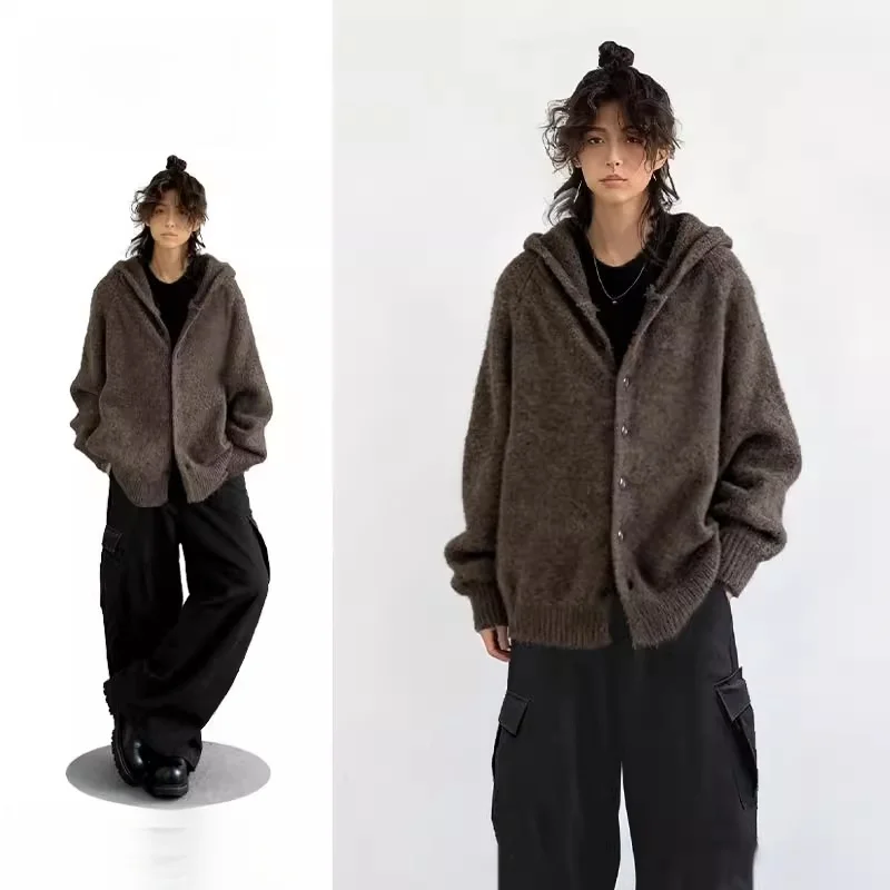 

Retro Japanese Sle Heavyweight Eye Button Hoodie Knitted Sweater Men's Autumn Winter Warm Lazy Sle Cardigan Coat