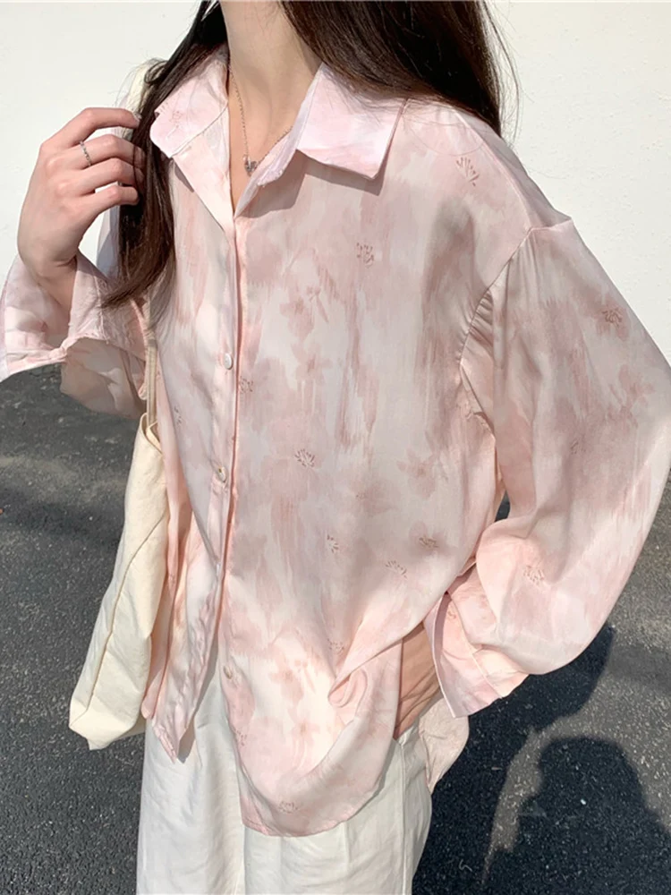 Zoki Fashion Pink Tie Dye Sweet Shirt Women Loose Korean Sun Proof Blouse Elegant Gradient Color Casual Female Cute Chic Tops