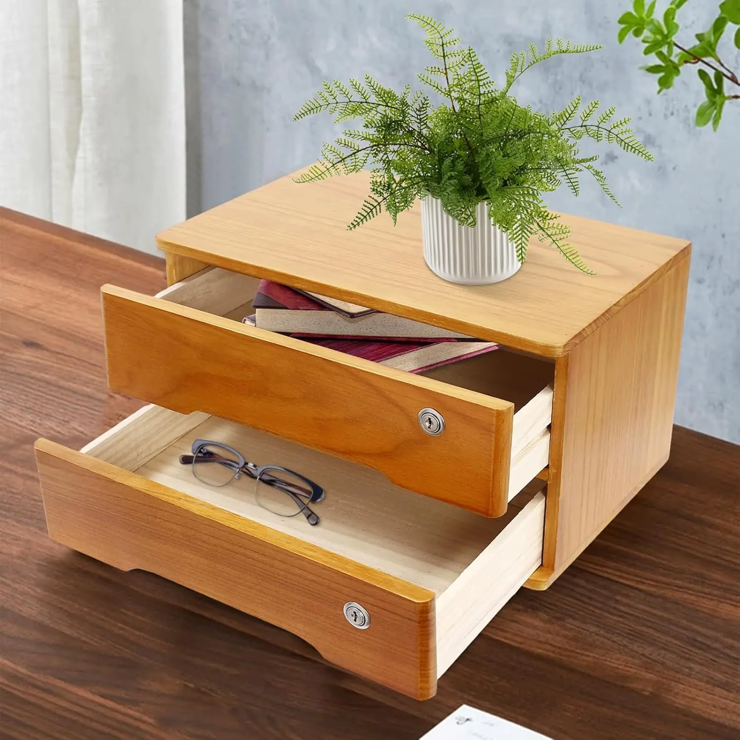 

НОВЫЙ Настольный органайзер для хранения, настольный ящик для хранения с запирающимся выдвижным ящиком для офисных и школьных принадлежностей (2 уровня, дерево, желтый)