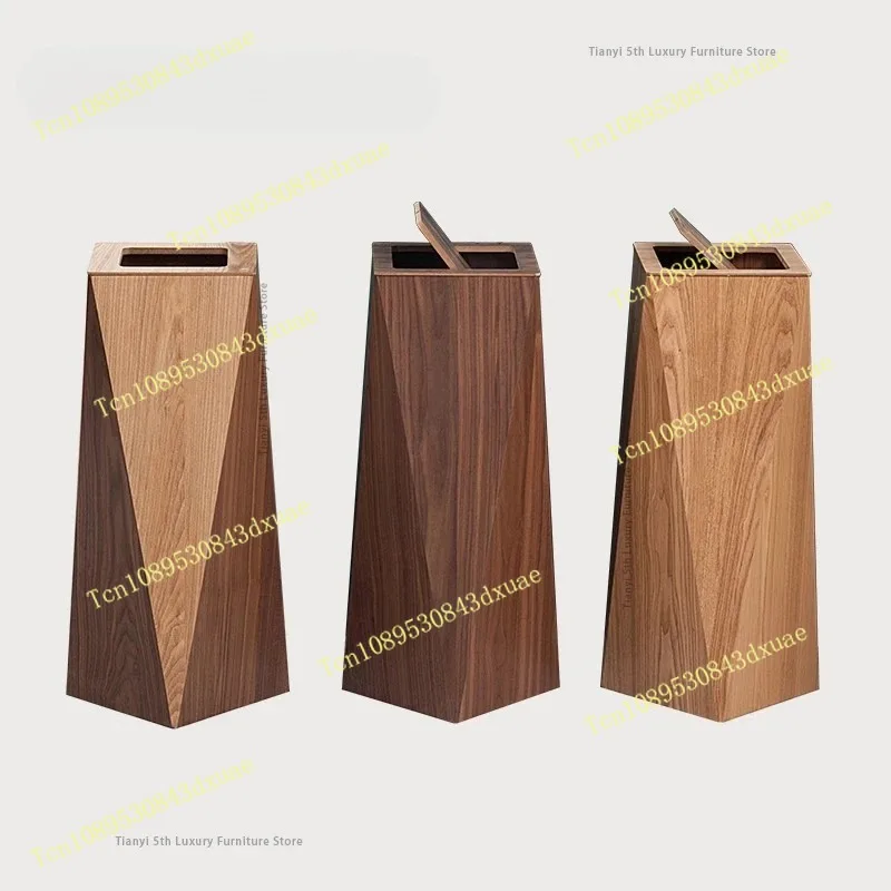 Nordic Style Wooden Trash Bin Home Living Room High End Office Covered Large Creative Polygonal Diamond Trash Can Banheiro