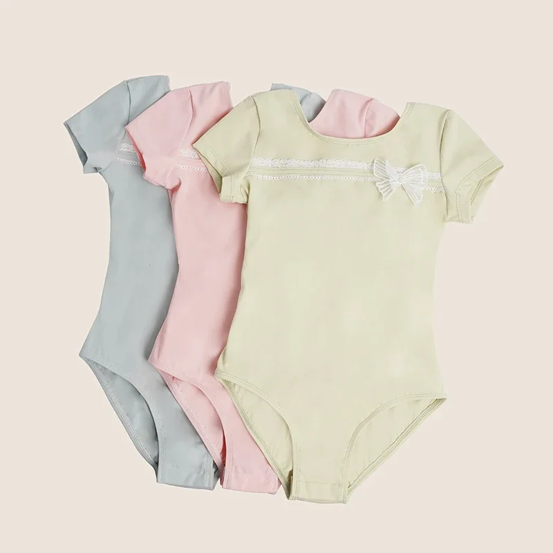 Collant de balé para meninas, crianças, adolescentes, renda, laço, dança, body, manga curta, nylon, ginástica