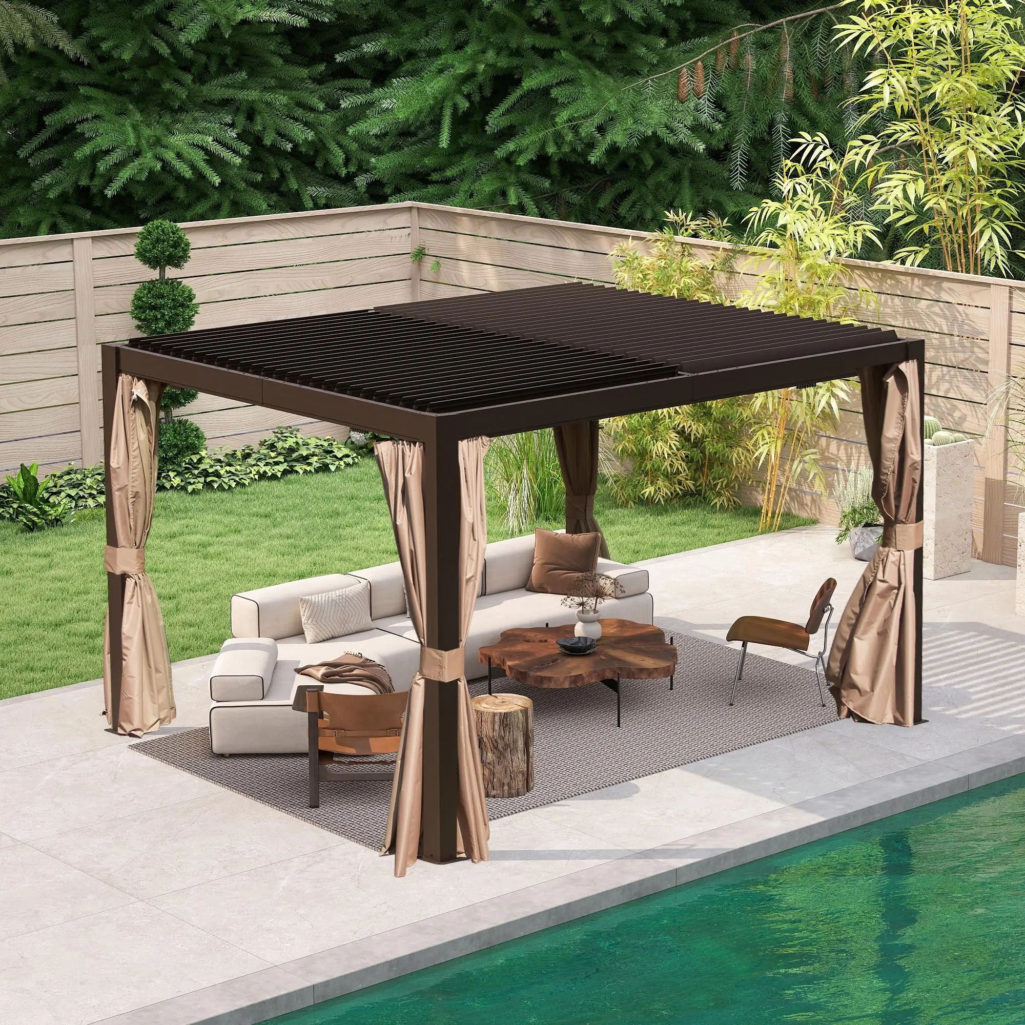 ！@10' X 12' Aluminum Outdoor Pergola Adjustable Louvers Full Aluminum Frame Built-in Gutter System Modern Gazebo Canopy Pergola