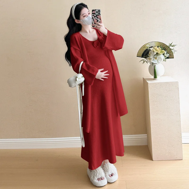 マタニティセット 秋 プレミアム ニット カーディガン 花柄 サスペンダー ドレス スリム フィット ツーピース 衣装 ファッショナブルな妊婦用