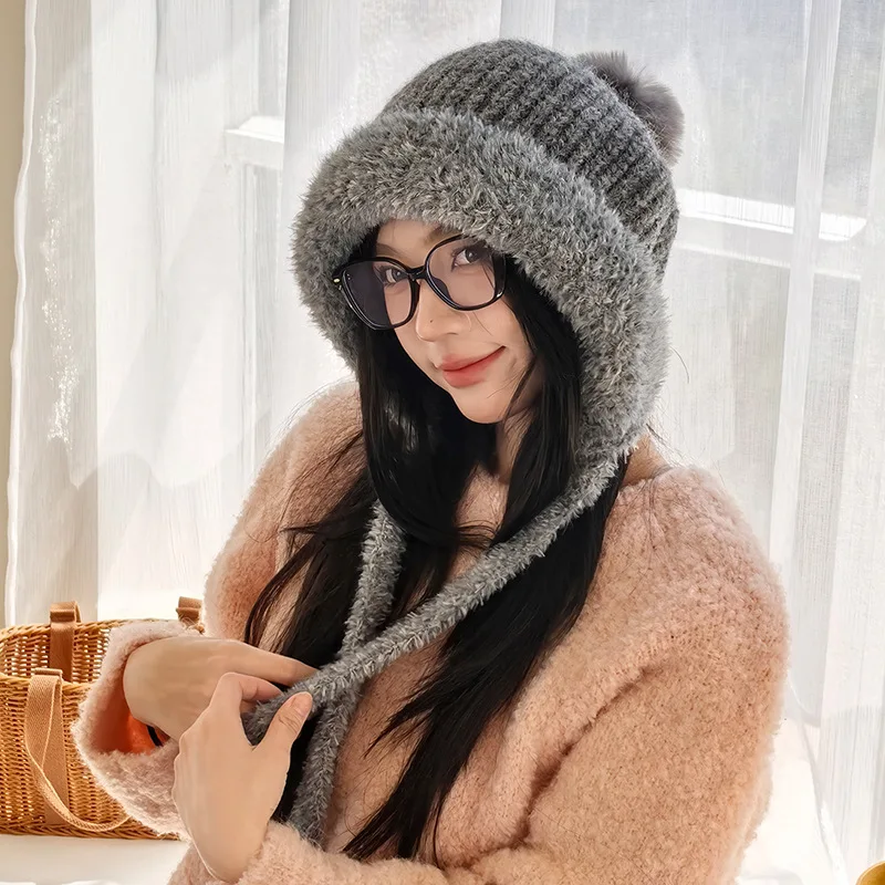 

Fashion Warm Thickened Plush Hat for women Windproof Coldproof Solid Color Ear Protection Outdoor Skiing Caps for Autumn Winter