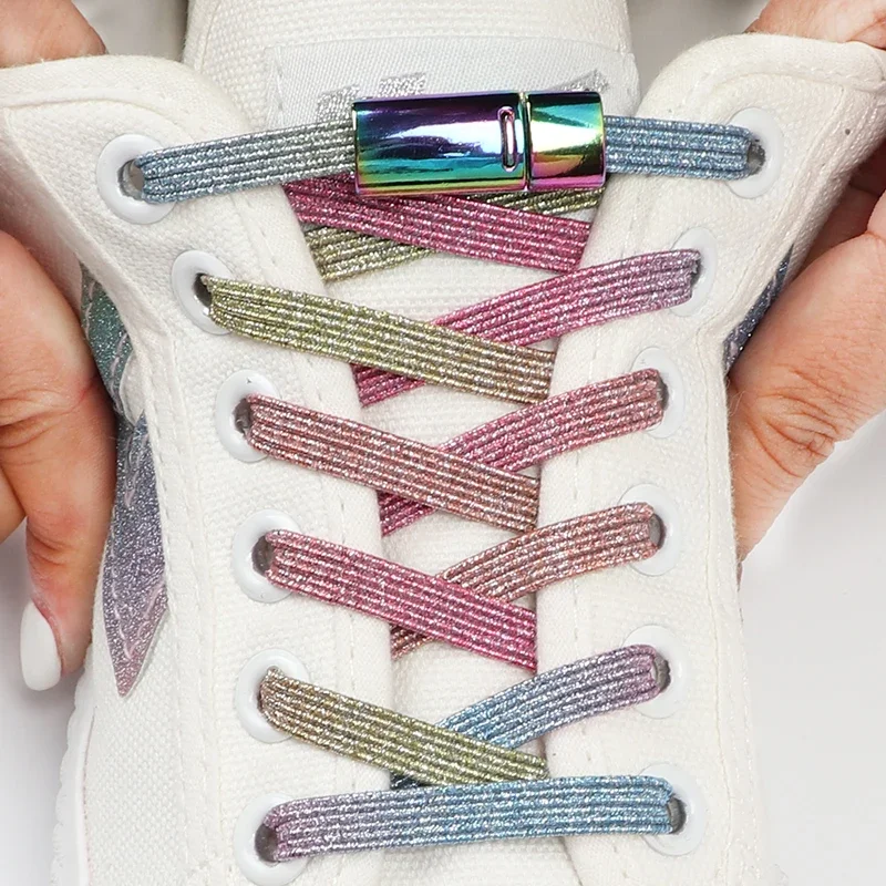 

Rainbow Elastic Laces Sneakers Magnetic Metal Lock Shoelaces without tie Kids Adult Rubber Flat Shoe laces Lazy No Tie Shoelace