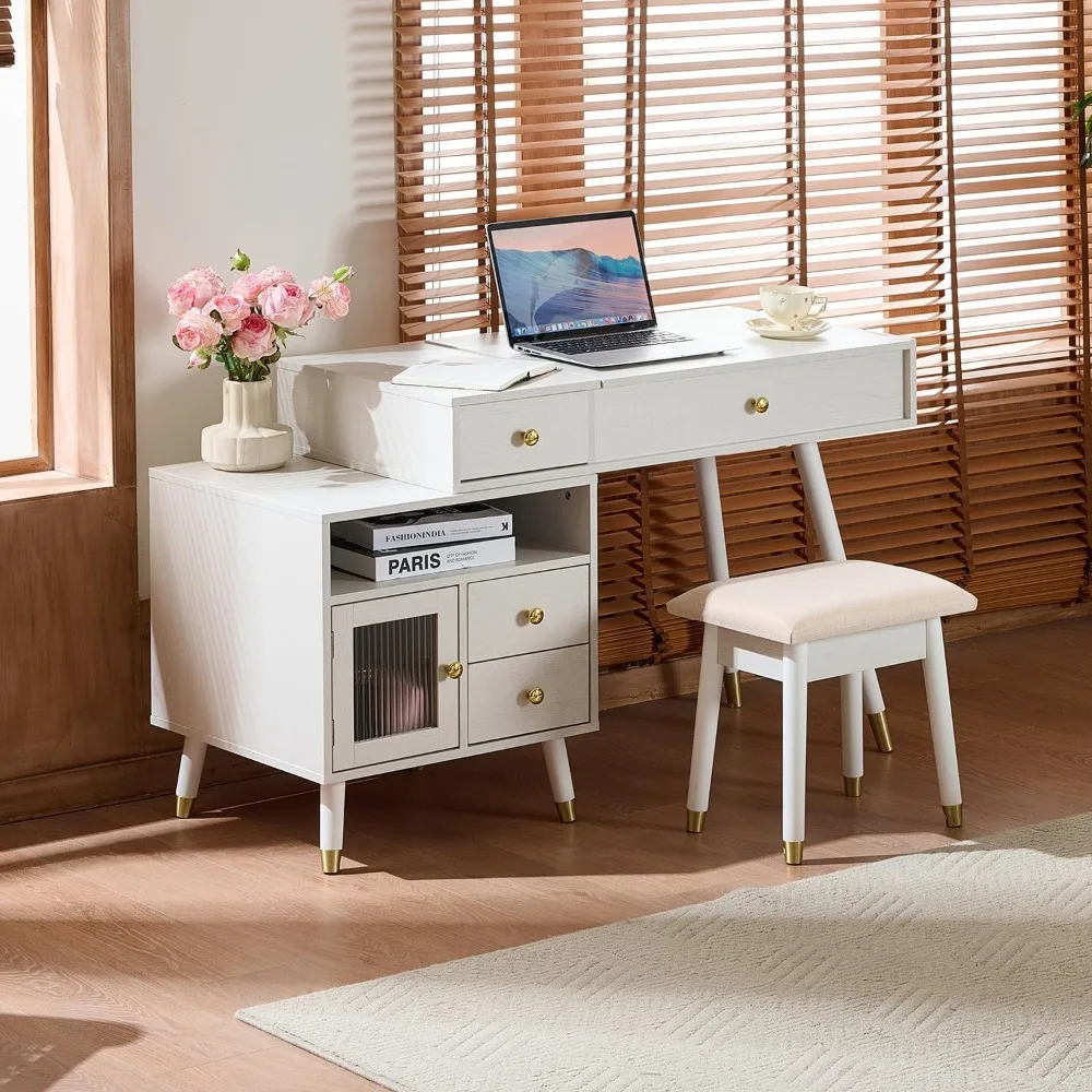 Туалетный столик с откидной крышкой и зеркалом с регулируемым шкафом, туалетным столиком для макияжа и табуретом, золотой ручкой, дизайном верхней части ножек