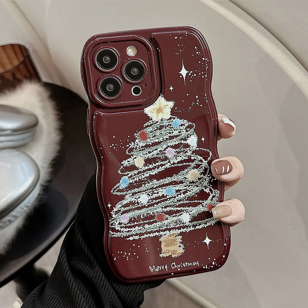 크리스마스 시리즈 일러스트레이션 레트로 레드 웨이브 엣지 휴대폰 커버 케이스, 아이폰 16, 15, 14, 13, 12, 11 프로 맥스 플러스용