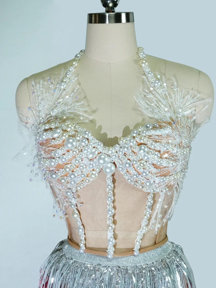 드래그 퀸 카바레 공연 의상 진주 태슬 투피스 세트 여성 컨투어 가운 전문 무대 나이트클럽 생일 글로우