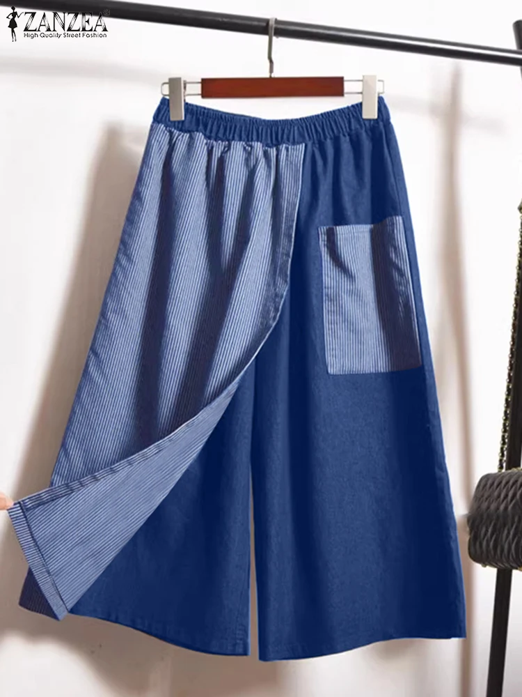 

ZANZEA Casual Patchwork Stripes Wide Leg Pants Women Denim Long Trousers Pleated 2025 Summer Loose Pockets Waist Bottoms