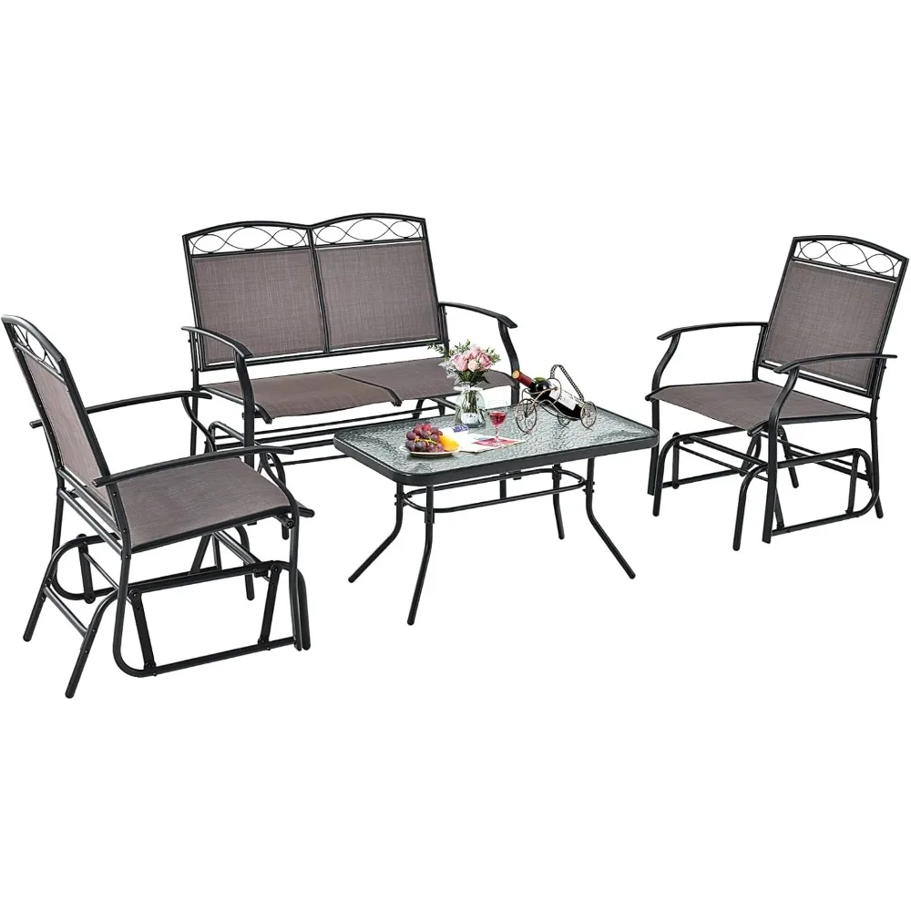 

4 Pcs Patio Glider Set, Outdoor Gliding Loveseat w/Tempered Glass Coffee Table, Heavy-Duty Patio Furniture Set for Backyard, Po