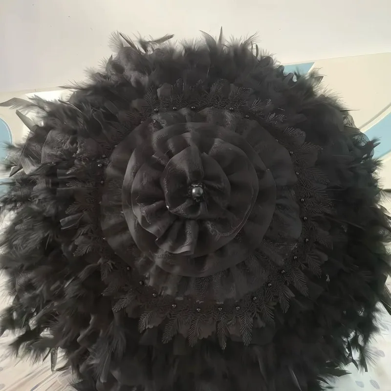 Handmade Black Feather Lolita Parasol Lace Decor Princess Style Umbrella Cosplay Photoshoot Prop