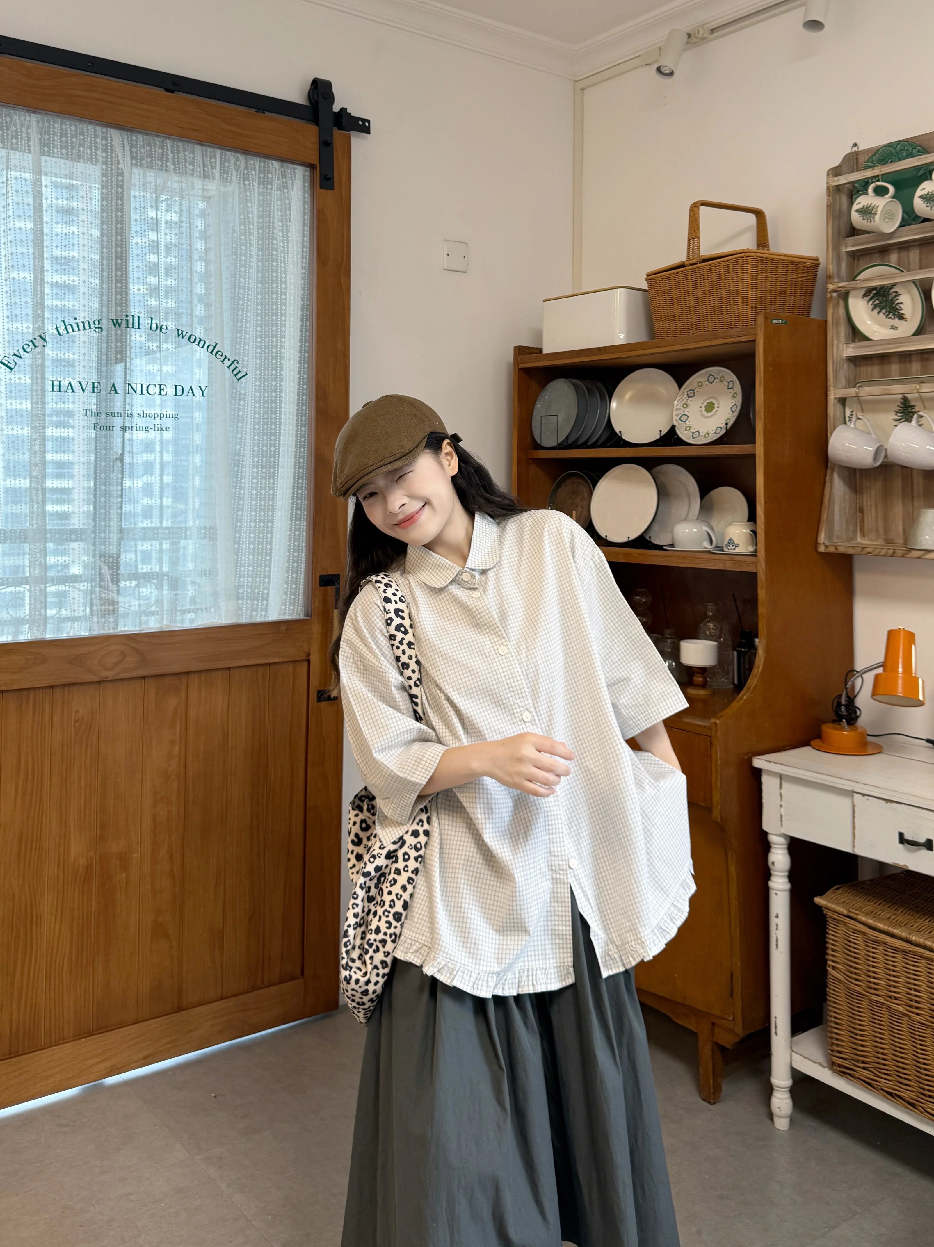 

Casual Plaid Shirt And High Waist Wide Leg Pants Two Piece Set for Women Summer Loose Fit Doll Collar Short Sleeve Outfit