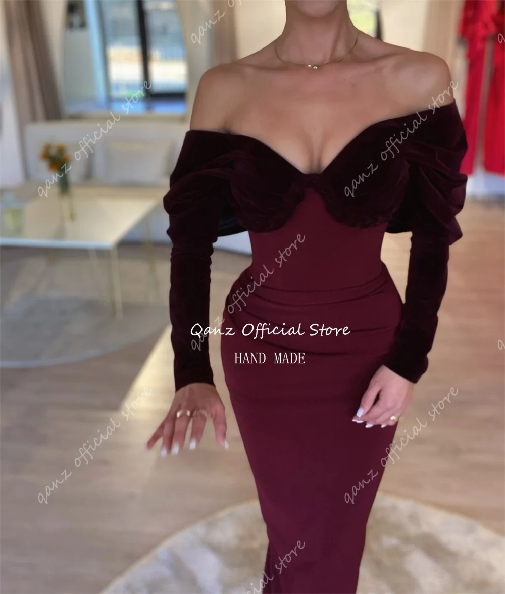 Qanz Sexy Exposed Shoulder Evening Dresses Mermaid Burgundy Long Sleeves Party Dresses Sweetheart Vestidos De Fiesta Customized