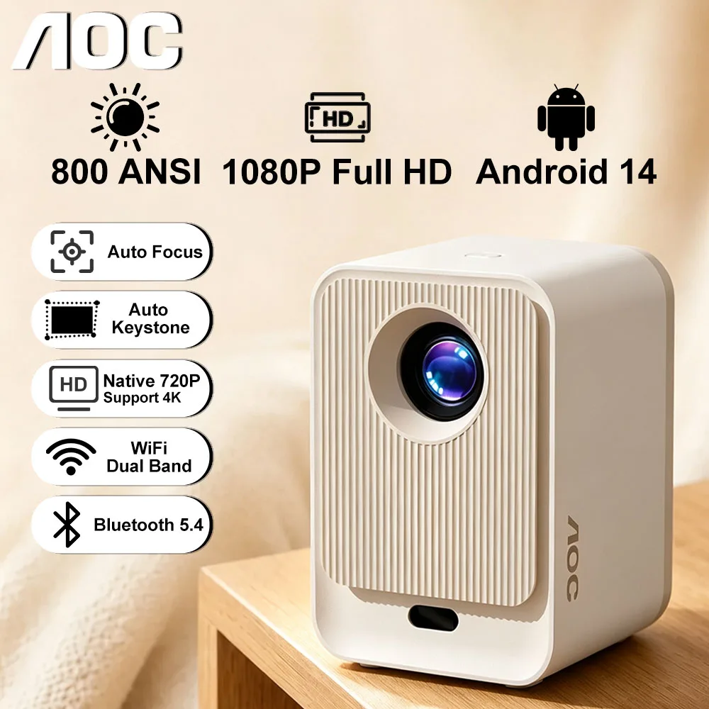 AOC Portable Mini Projector 800 ANSI Native 720P 4K High Definition Compatible BT 5.4 WiFi 6 Android 14 Outdoor Home Projector