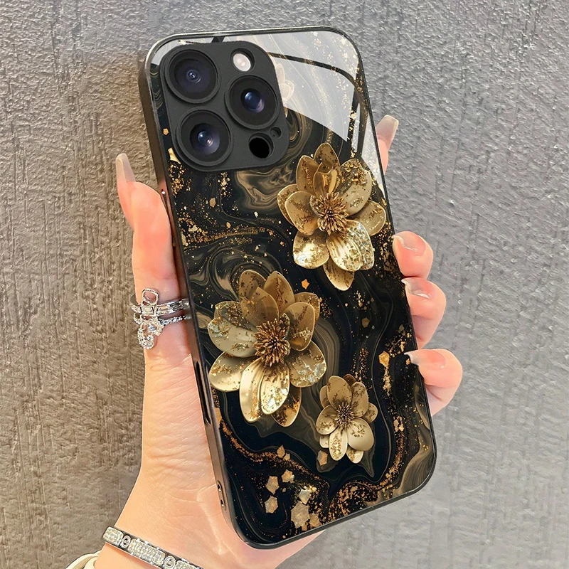 

Golden Lotus Flower Pattern Tempered Glass Phone Case For iPhone 11 12 13 14 15 16 17 Pro Max 16E 17Air 7 8 Plus XR XS X Cover