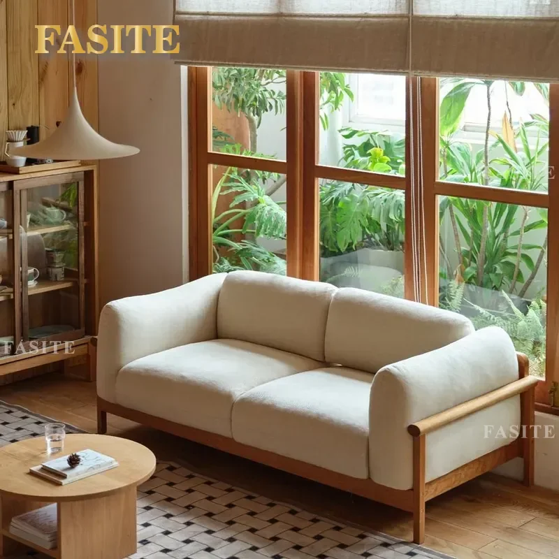 Nordic Solid Wood Sofa Cherry Wood Fabric Single Seater Cream Log Style Living Room Furniture for Small Apartment Modern