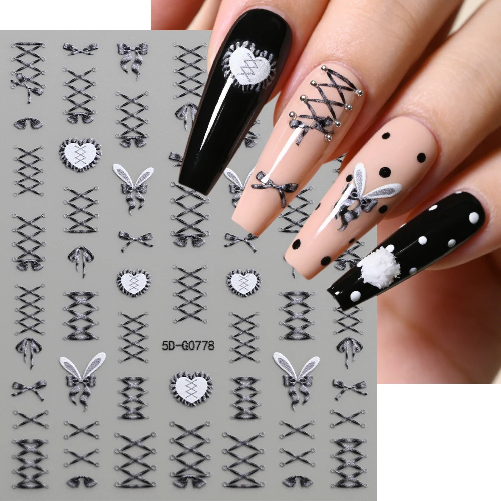1Pcs 5D Red Bunny Ear Bow Lace-Up Nail Stickers Embossed French Ribbon Adhesive Nails Decals Sweet Bowknot Strap Manicure Slider