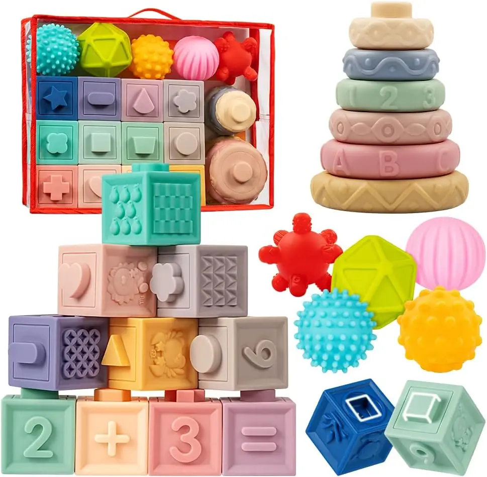 

Montessori Baby Toys 6-12 Months, Stacking Blocks & Teething Rings & Sensory Balls for Infants 0-3-6-9-12 Month Development