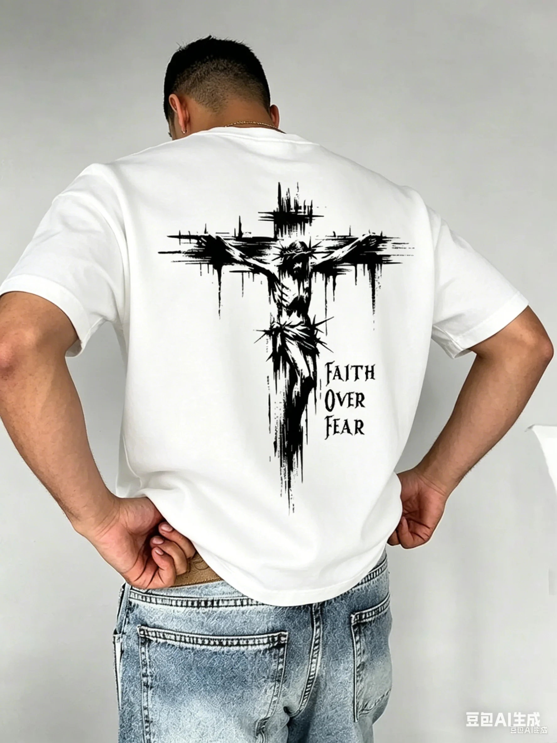 Faith Over Fear Cross Print on Premium 100% Cotton Mens T shirt Perfect for Summer Streetwear and Inspirational Urban Style