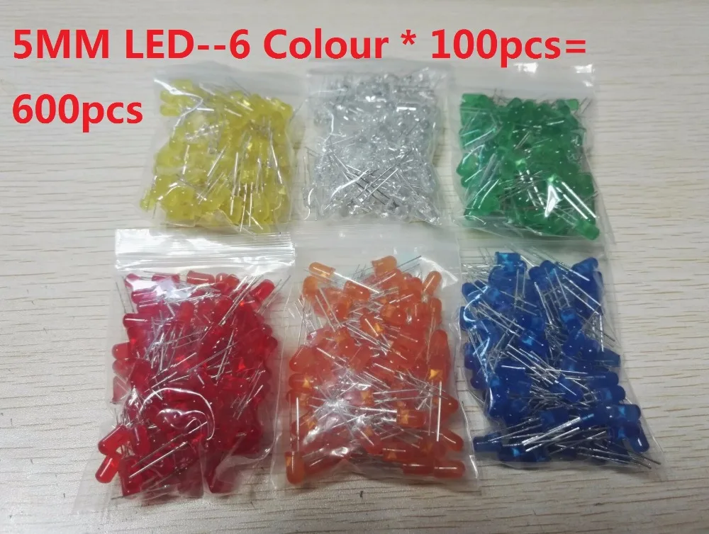 600pcs=6colors*100pcs 5mm LED Kits F5 Diffused Light Emitting Diode Lamp Assorted Kit Set White Red Green Blue Yellow Orange