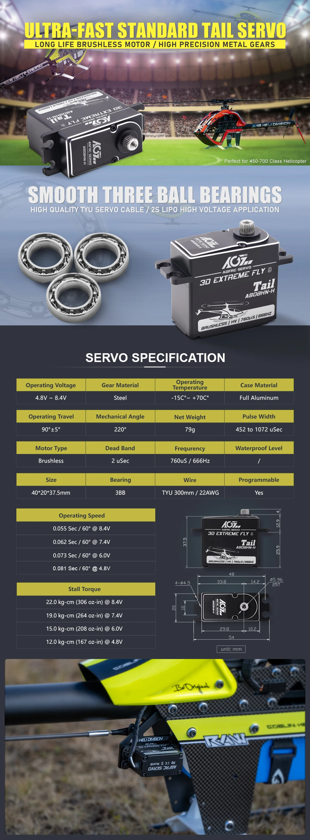 Agfrc Metall zahnräder A80BHM-H A80BHN-H Aluminium gehäuse 38kg 22kg hv Standard bürstenloses zyklisches Servo für RC-Hubschrauber der Klasse 570 bis 800 – Detail 4