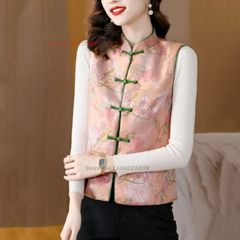 2024 chinese vintage hanfu tops national flower print folk vest sleeveless jacket traditional stand collar cotton-padded vest