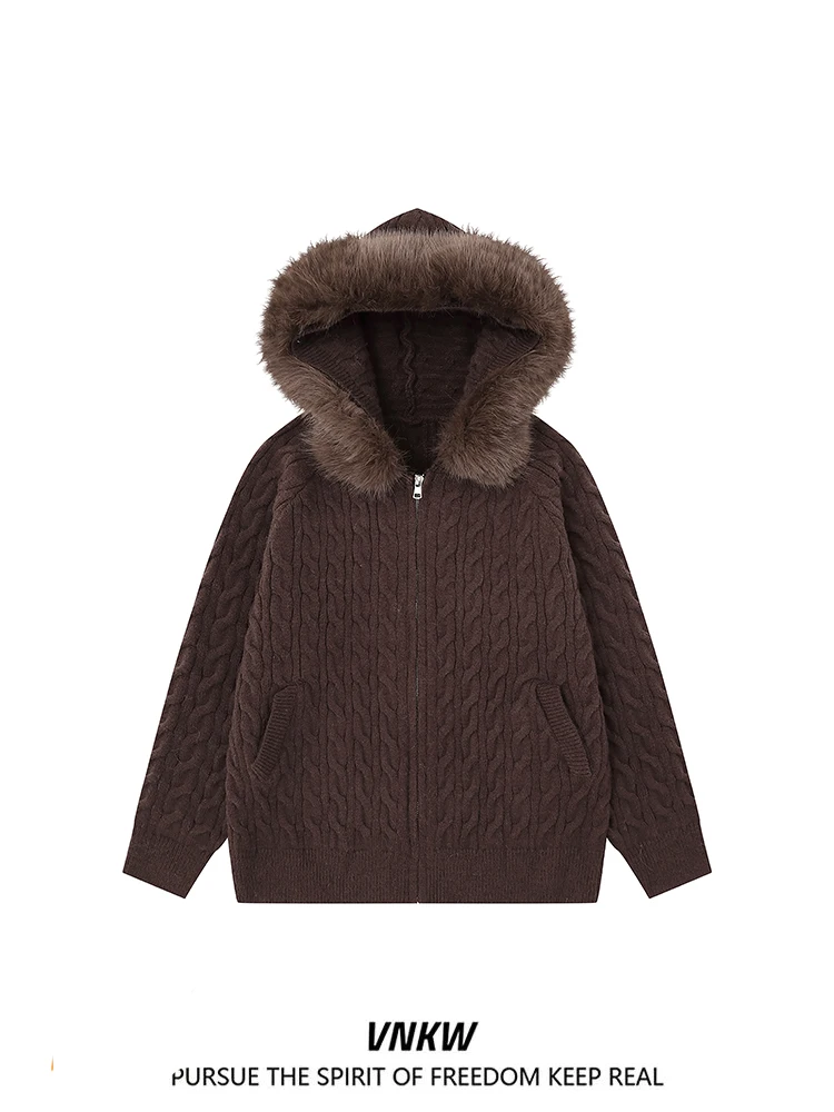 

American Retro Knitted Hat Coat Thiened Wool Collar Men's Winter Casual Loose Warm Sweater Faion Urban Sle Polyester Ny...