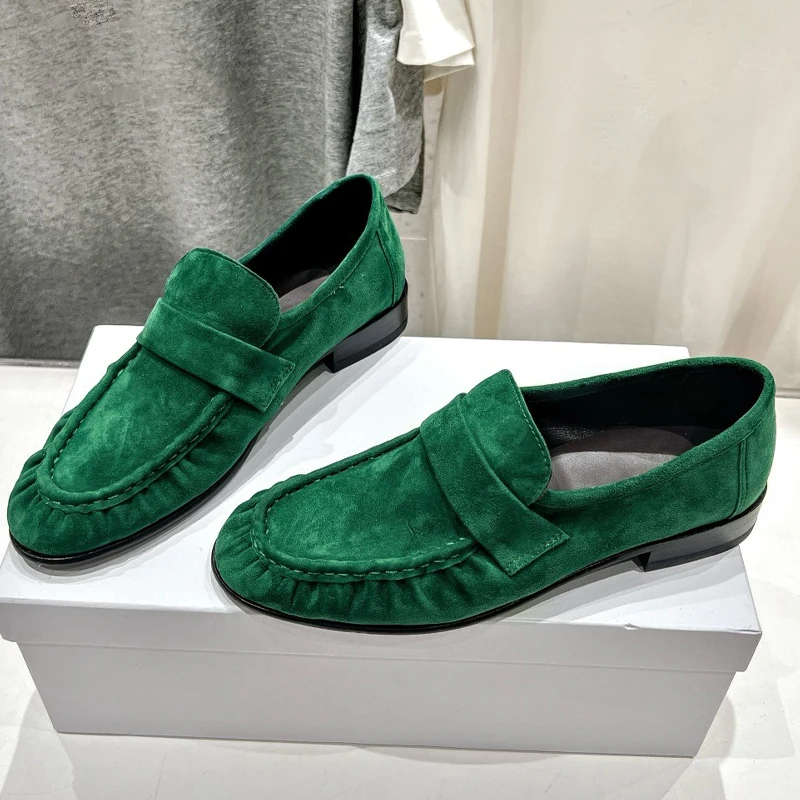 French Retro Flat Heel Loafers for Women Green Suede Leather Handmade Sewing Pleated Design Comfortable Casual Single Shoe Women