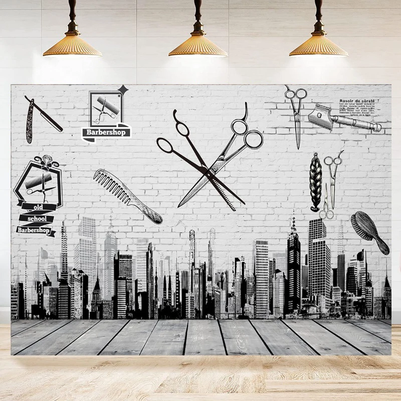 Barbershop Tools Photography Backdrop Hair Cutting Comb High-Rise Buildings Wall Painting Floor Timber Banner Decor Background