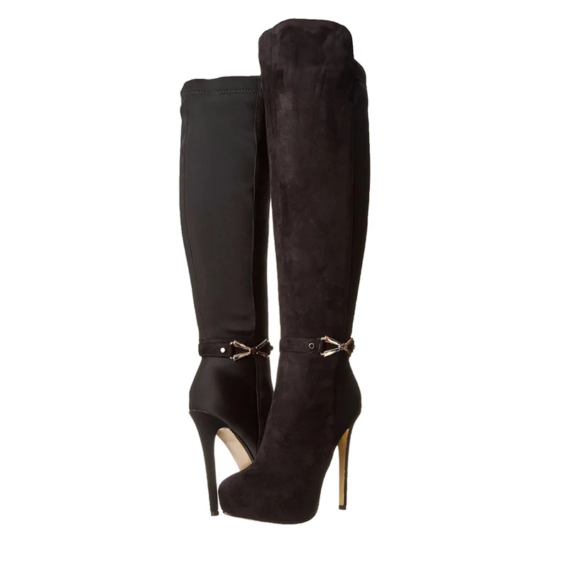 Metal Decoration Suede Knee High Boots Sexy Pointed Toe Patchwork Platfrom Stiletto Customized New Arrivlas Fashion Women Boots