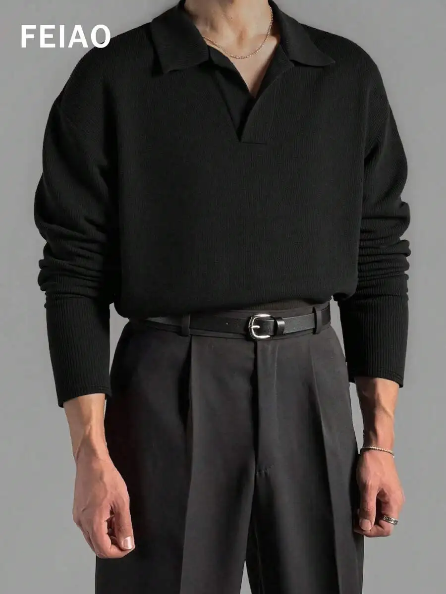 

Men's Solid Color Long Sleeve Knit Polo Shirt, Casual Versatile Fit for All Seasons