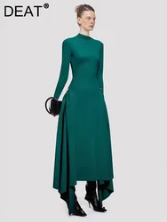 DEAT Elegant Dress Skew Collar Long Sleeves Waist Retraction Solid Color Asymmetric Hem Women's Dresses 2024 Autumn New 13DL7990