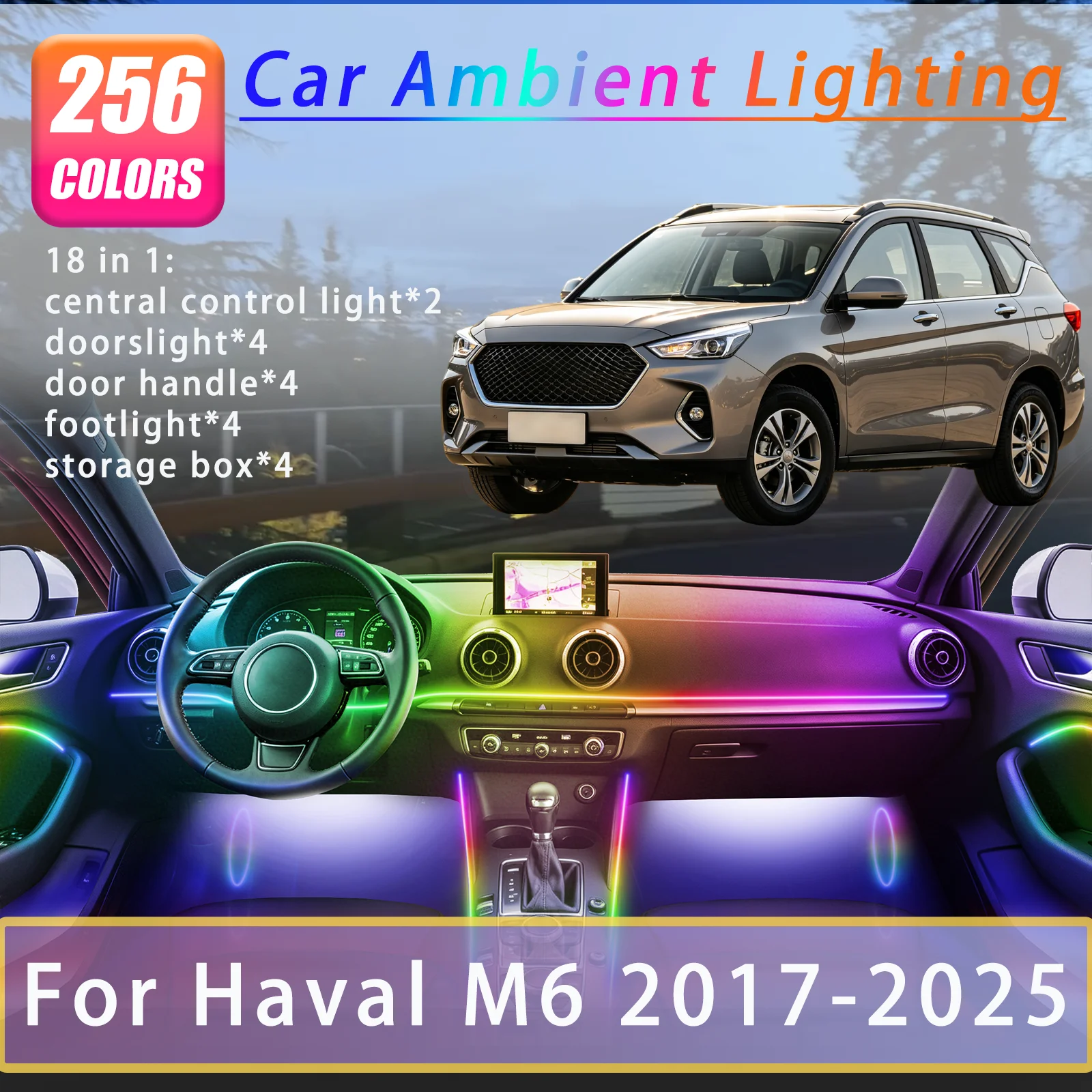 

For Haval M6 2017-2025 Years Car Interior Ambient Lights Strips Breathing Lighting Kit App Control Auto Decorative Lamp