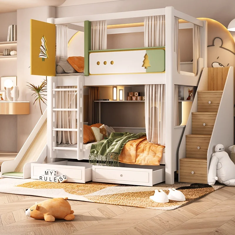 Children's Bed Bunk Bed, High and Low Mother Child Bed, Same Width and Height Guardrail Bed, Two Layers of Bunk Bed with Slide