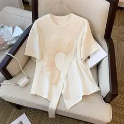 Patchwork Ruffle White Tops For Women O Neck Short Sleeve Casual irregularity T Shirt Female Fashion New Clothing 2022 Summer
