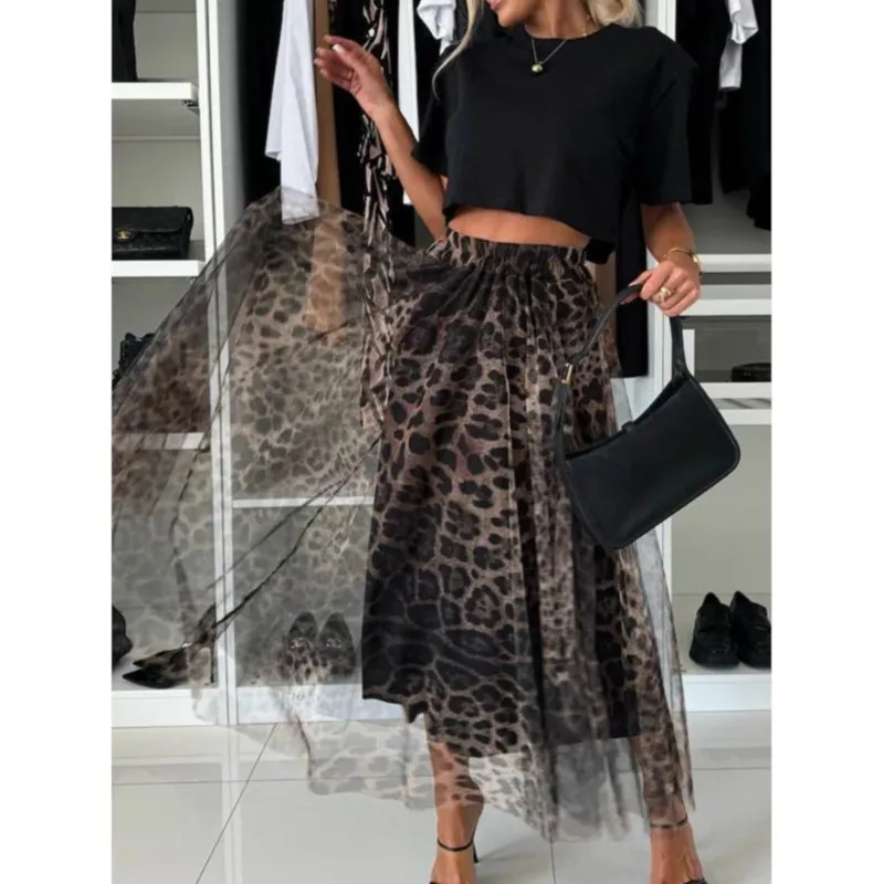 Sexy Thin Mesh Skirts For Women 2024 Autumn New Vintage Leopard Print Club Party Pleated Robe All-match Elastic Waist Long Skirt