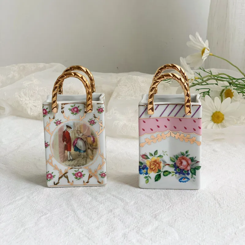 American Retro Palace Style Flower Handbag Modeling Gold Painting Desktop Fork Spoon Storage Small Flower Basket Vase