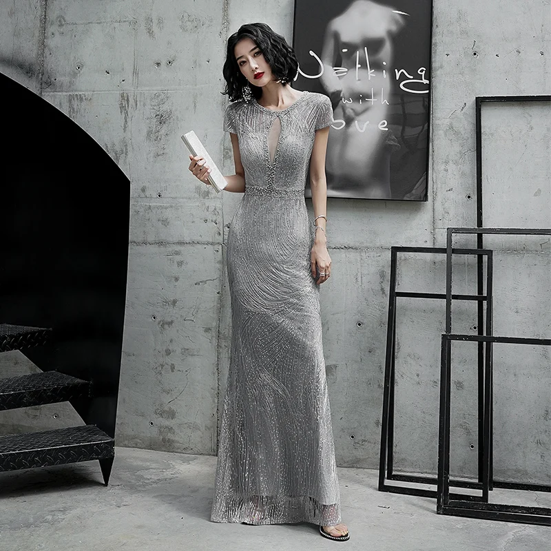 

Gray Evening Dresses O-Neck A-line Floor-length Short Sleeves New Lace Bling Beads Plus size Customized Woman Formal Dress A174