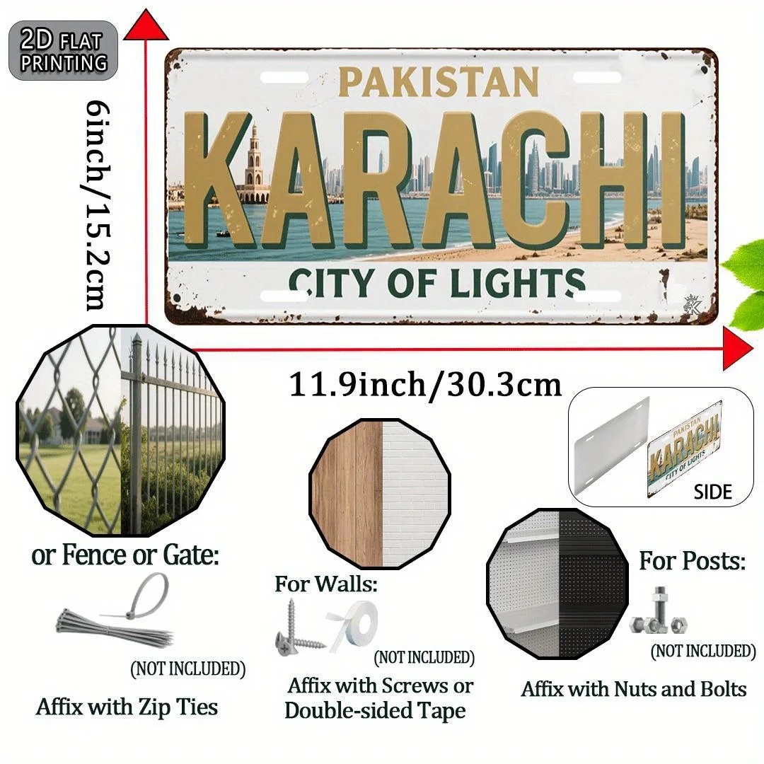 Karachi Pakistan City of Lights 2D Flat Printing License Plate Style Metal Tin Sign, Pakistani Urban Skyline Themed Decorative A