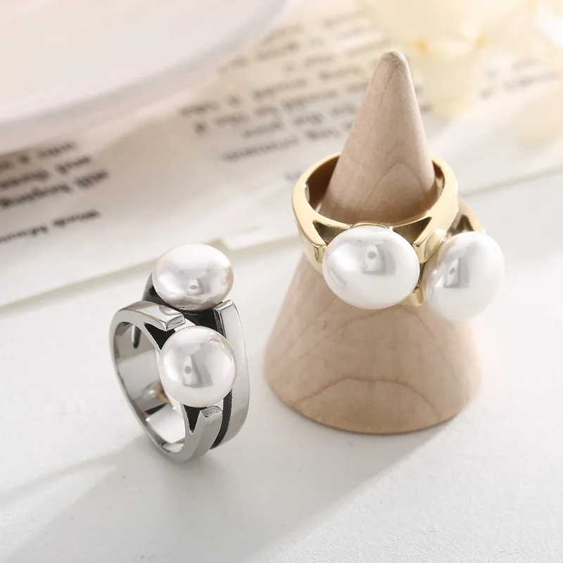 Elegant Shell Simulated Pearl Rings for Women Girl Gold Silver Color Stainless Steel Ring Wedding Party Luxury Fine Jewelry Gift