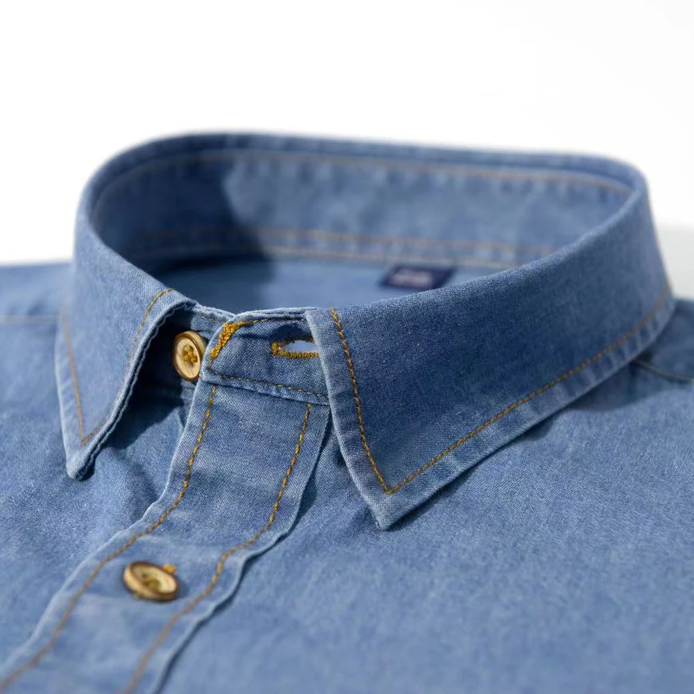 Men's Classic Long Western Denim Work Shirt Single Chest Pocket PU Leather Thickened Fleece CleanFit Windsor Collar 3D Effect