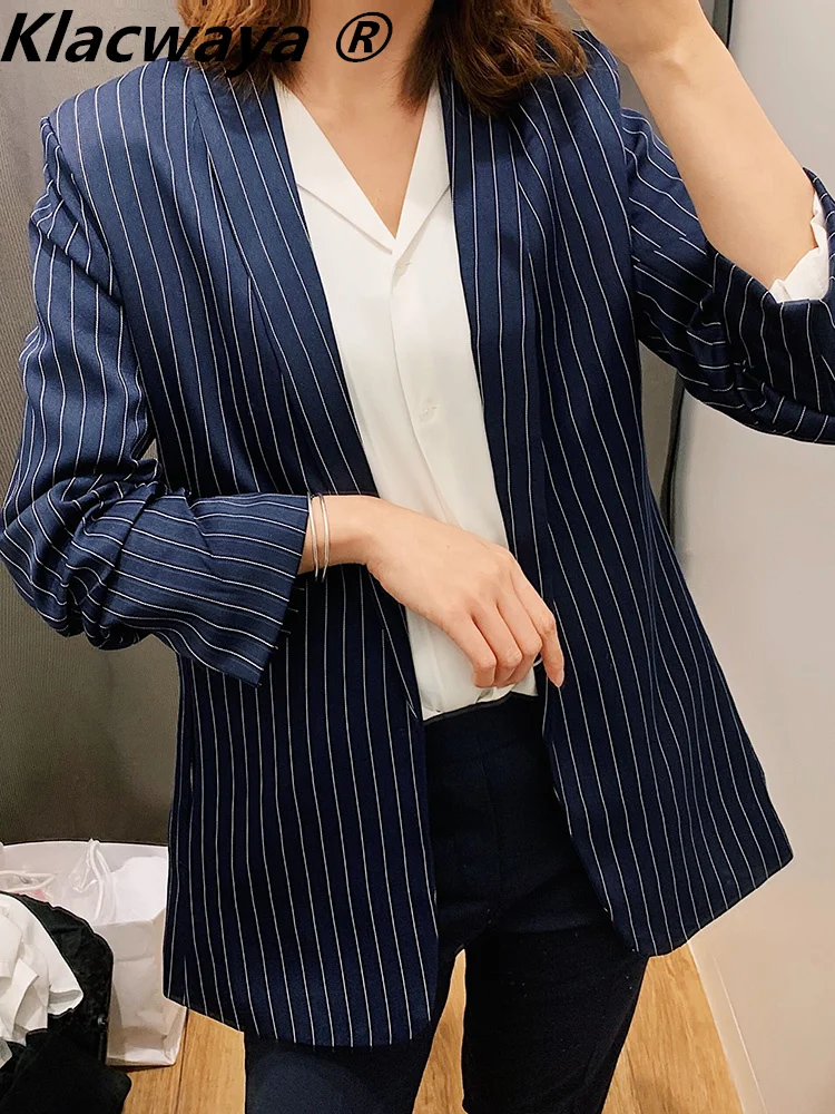 Klacwaya Blazer Women Jacket Spring Office Lady Striped Female Blazers Women Clothing Casual Coat