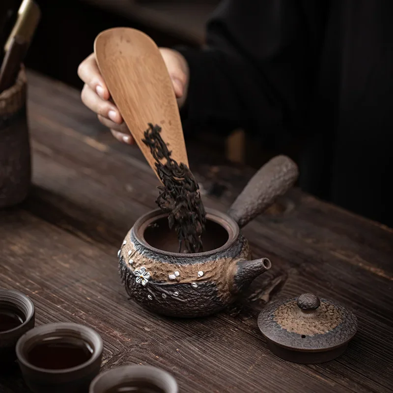 Guzaoxiao Old Rock Clay Silver Gilded Stoneware Side Handle Pot Ceramic Strainer Teapot Handmade Kung Fu Tea Set Tea Kettle