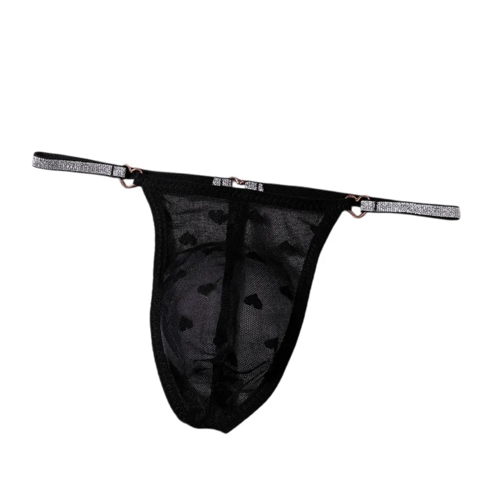 Thin Mesh Men Hollow Thongs Low Waist Love Heart Print Male Transparent Briefs Bulge Pouch Lingerie Men's Sheer Panties Male