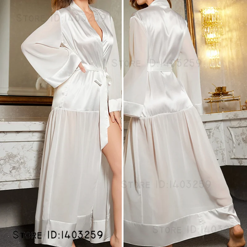 Długi szlafrok damski Elegancka biała patchworkowa koronkowa koszula nocna Kimono Szlafrok Wiosna Lato Nowa jedwabna satynowa sukienka domowa Odzież codzienna — zdjęcie 3