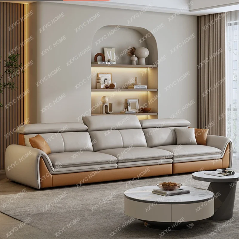 

Leather Sofa First Layer Cowhide Living Room Small Apartment Straight Row Three-Seat Modern Simple and Light Luxury Sofa