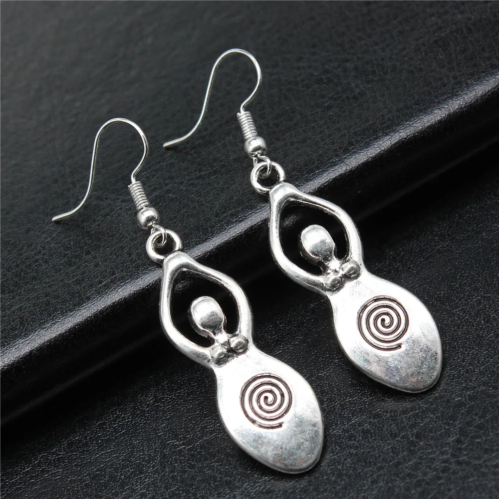 Fashion Handmade Simple Design Antique Silver Color Fertility Goddess Mother Pendant Earrings Women Vintage Drop Earrings