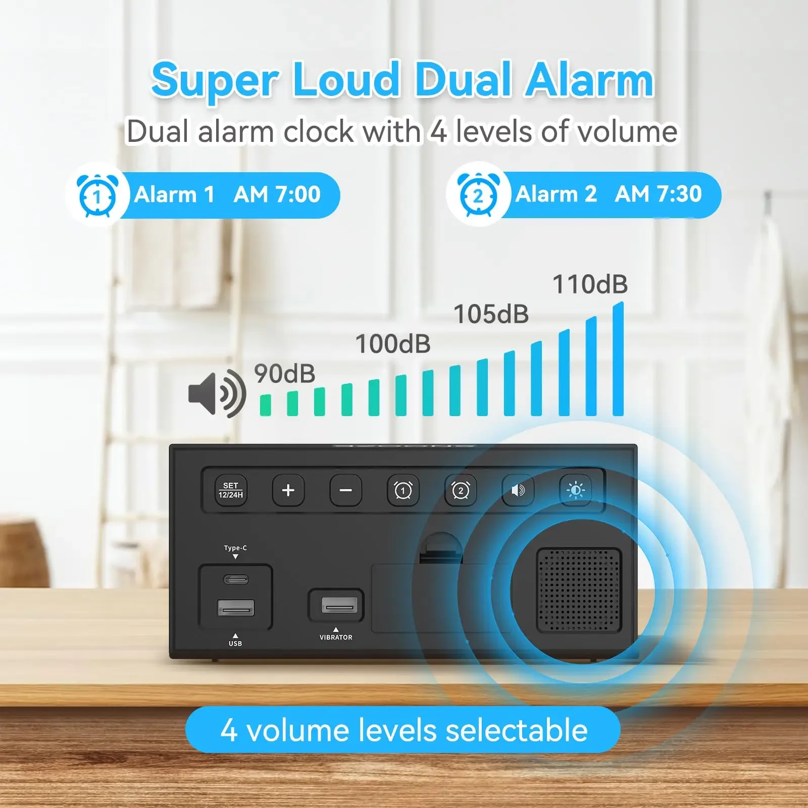 1pc Multi-function LDE Large Screen Digital Alarm Clock with Super Strong Alarm Vibrator; 12/24H time display, 4 levels of volum