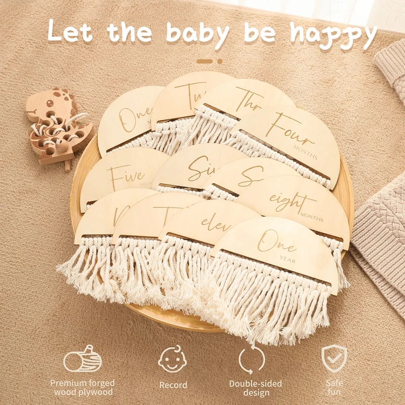 7pcs/set Wooden Baby Monthly Milestone Cards Tassel Double Sided Wooden Monthly Milestones Newborn Photoshoot Props Shower Gifts