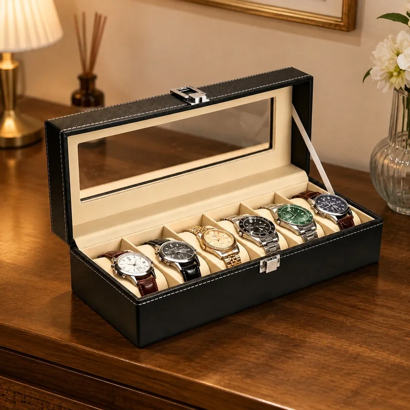 Men's PU Leather Watch Display Case with Glass Lid, Multi-Slot Organizer and Stand for Secure Storage and Gift Giving